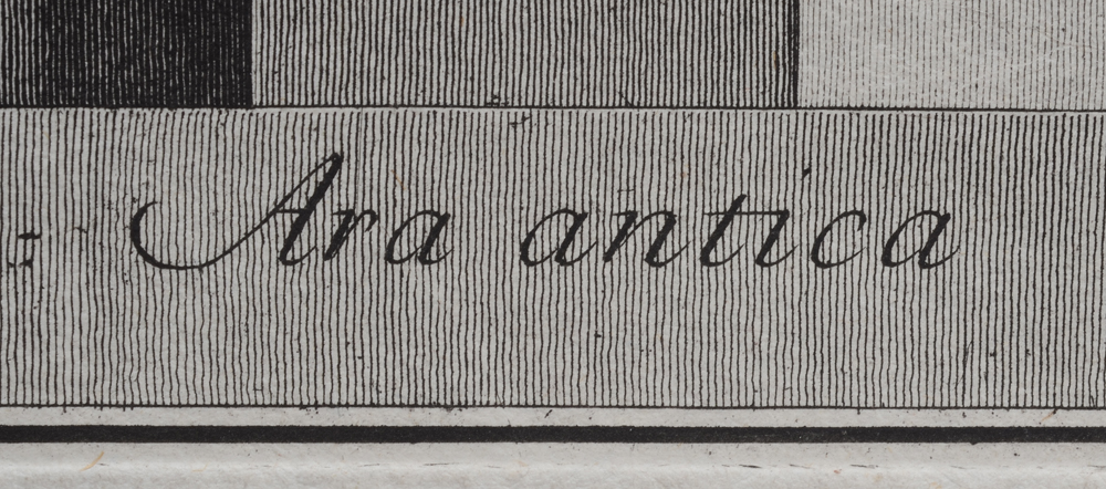 Giovanni Battista Piranesi Tav. VIII Ara antica title — Title of the print on the bottom.