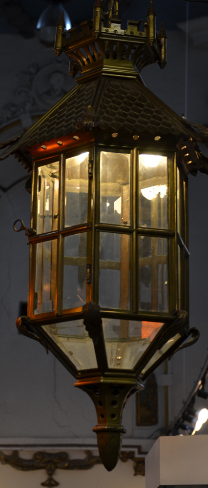 An impressive bronze hall lantern ca. 1920 — Night view