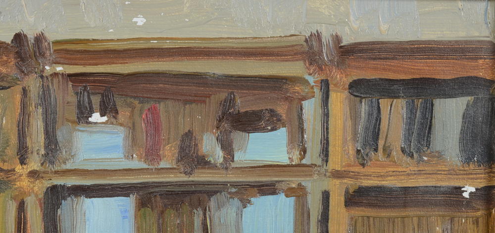 American School, the library, oil on board — Detail of the painting, with some flaking of the paint visible