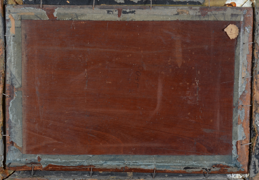 A victorian romantic painting of a family of sheep in a meadow — Back of the panel