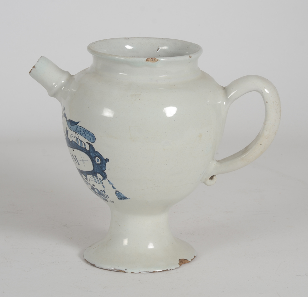Delft Syrup Jar  — View with spout to the left, one chip to the standing rim measuring about 1 cm