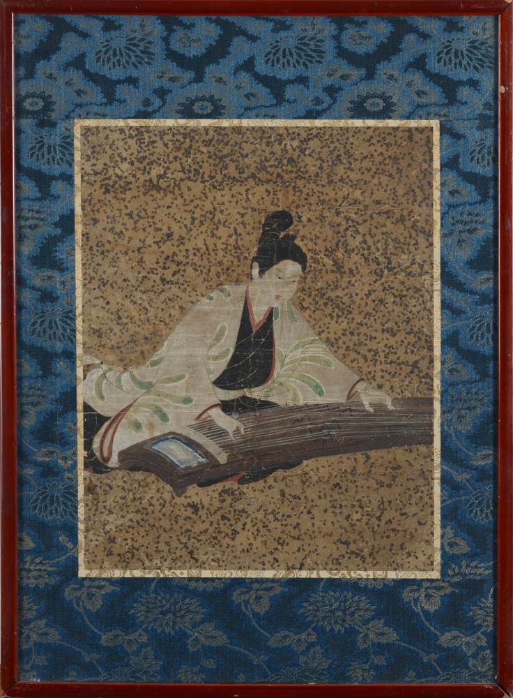 Japanese watercolour showing a musician playing — The watercolour in its oriental style frame and mounting