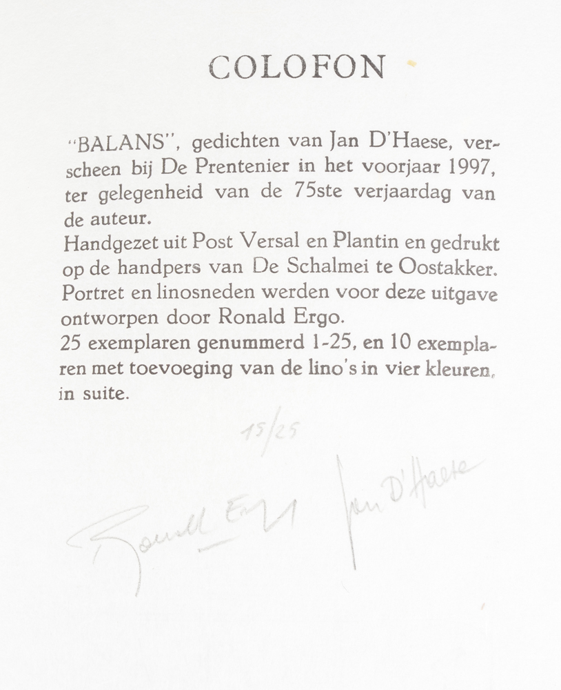Roland Ergo (illustrator) - Jan D'Haese (Poet), Balans, a rare illustrated book, 1997 — Colophon at the back, with justification in pencil and signatures of both artists