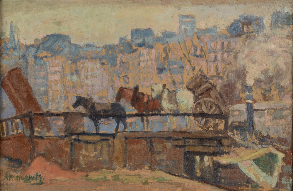 Albert Abramovitz — Vue du port d'Ostende pendant la première guerre, huile sur carton rare de cet artiste Russe-Americain, formé en partie à Paris