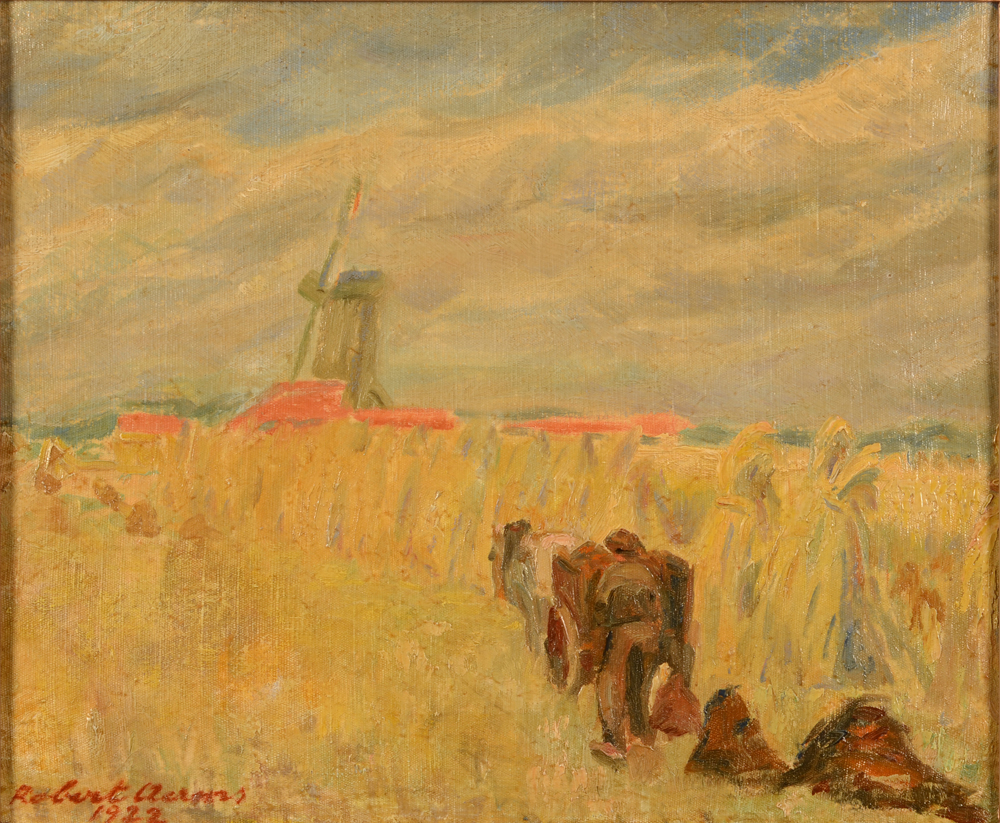 Robert Aerens — Un paysan travaillant les champs, huile sur toie signée et datée