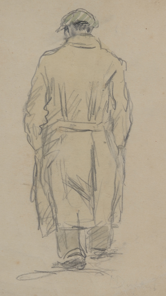 Maurice Dupuis — Dessin aquarellé, signé d'un homme marchant, vue sur le dos