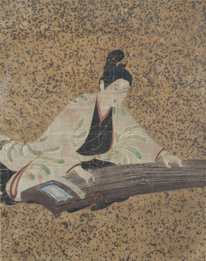 Japanese watercolour showing a musician playing — Musicien japonais, aquarelle originale sur papaier, probablement 19e ou plus ancien.