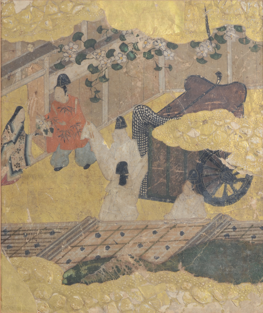 A pair of frames with each three Japanese paintings of court scenes, by an unknown artist, 19th cent — The right panel of the second frame