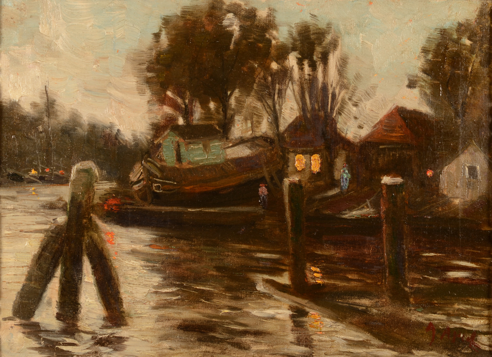 Armand Apol — Vue de rivière avec un chantier naval, huile sur toile, signée