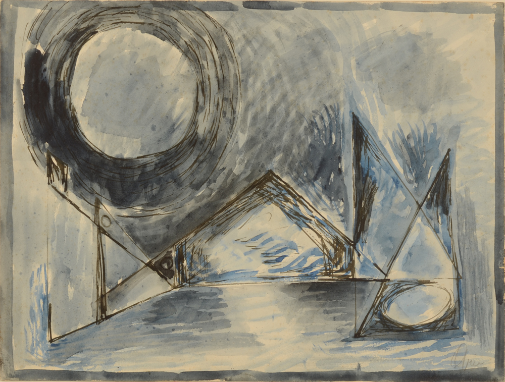 Arie Van de Giessen — Paysage au clair de lune, technique mixte sur papier
