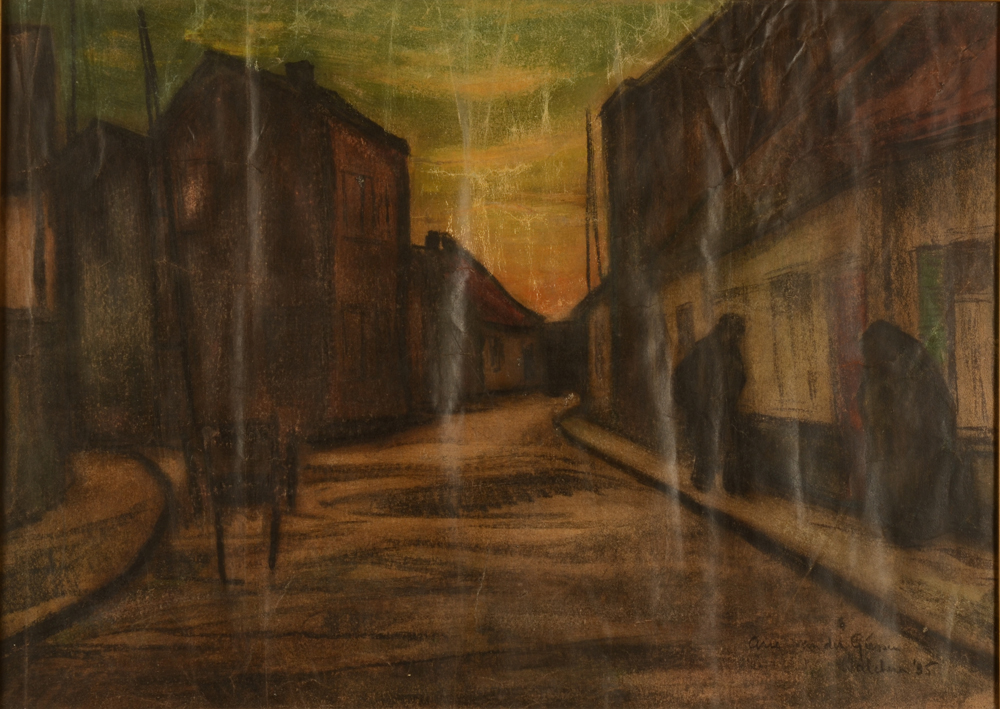 Arie Van de Giessen — Un rue à Walcheren (Hollande), technique mixte sur papier, signée et datée 1935