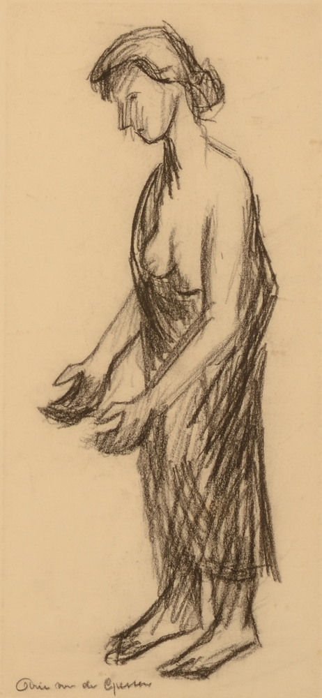 Arie Van de Giessen — Femme debout, étude, fusain sur papier signé