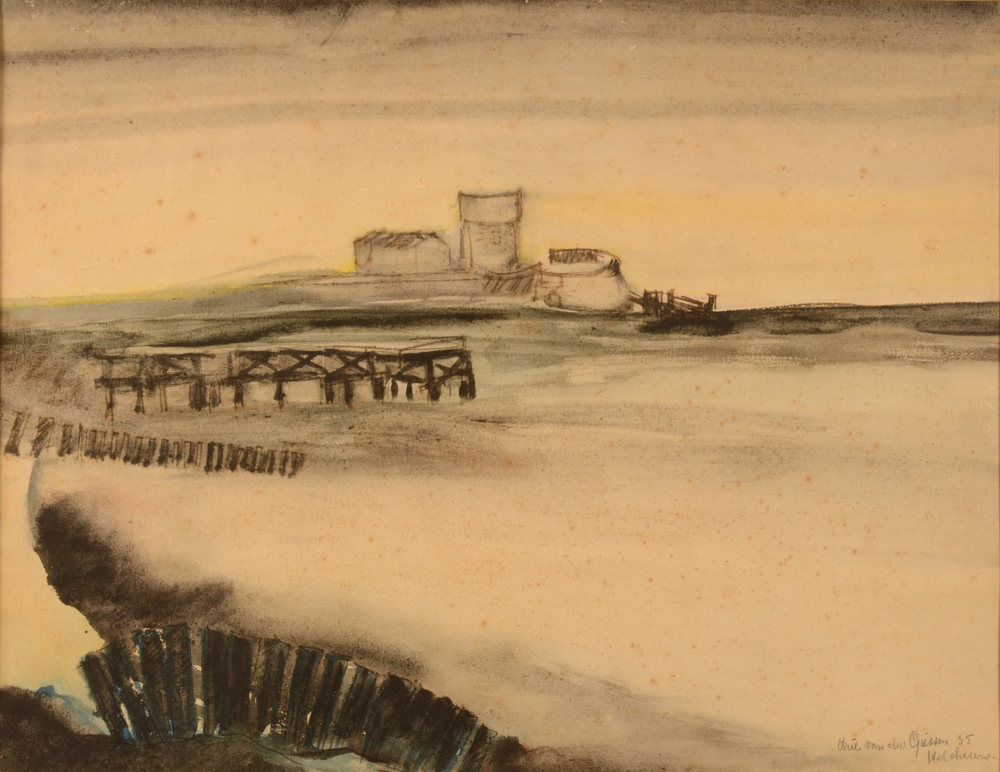 Arie Van de Giessen — Vue de la côte de Walcheren, Hollande, technique mixte sur papier de 1935