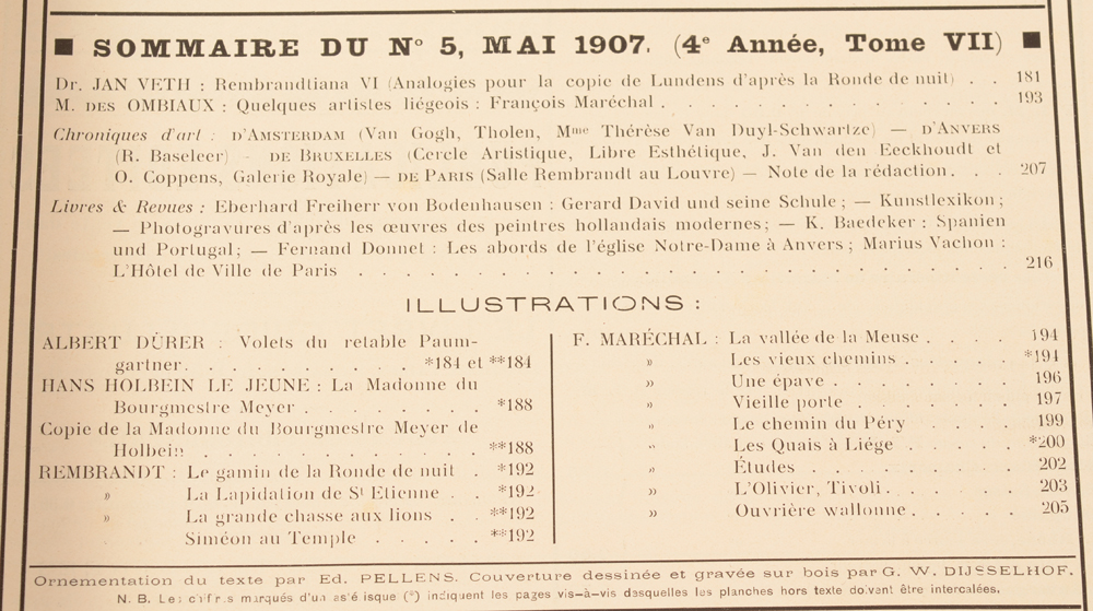 Art Flamand et Hollandais 1907 — Table of contents May