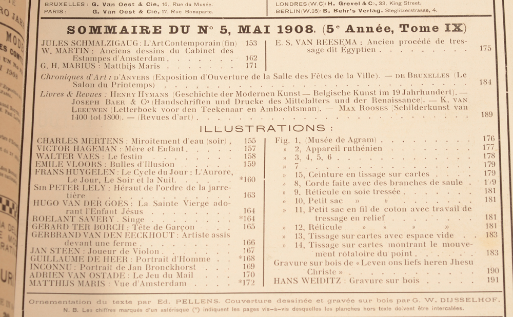 Art Flamand et Hollandais 1908 — Table of contents May