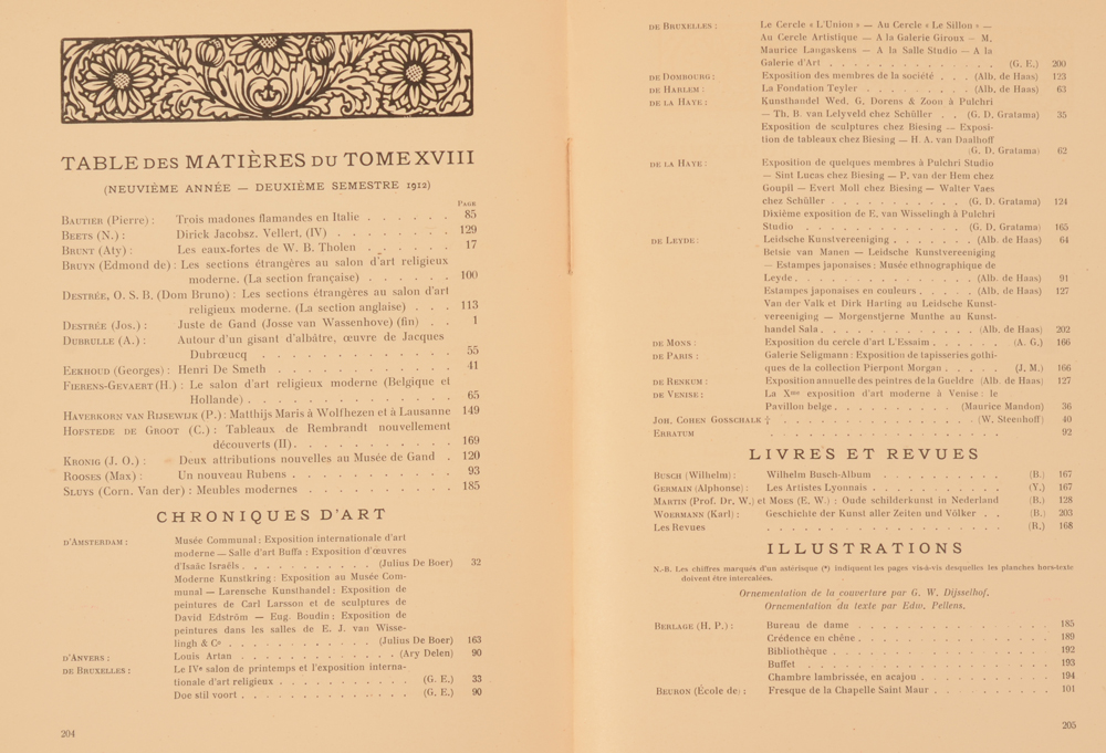 Art Flamand et Hollandais 1912 — Table of contents 2nd half year