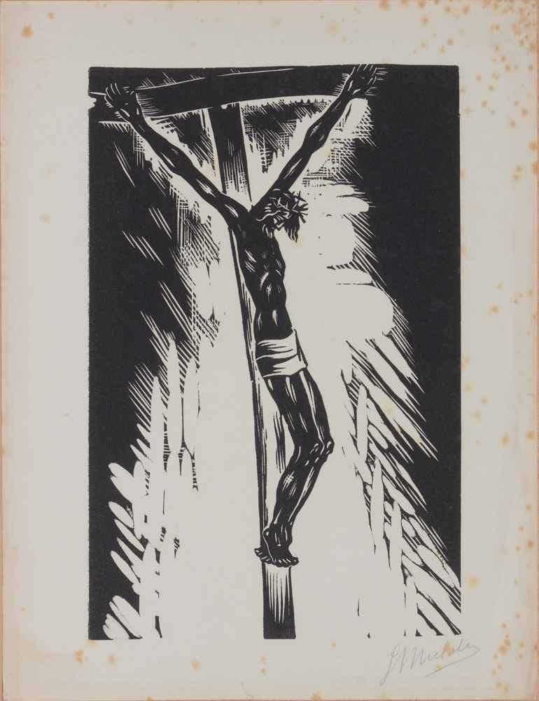 Jan Mulder Untitled Crucifixion Linocut  — Linogravure de Mulder, 20ième siècle. Signée par l'artiste, non datée.