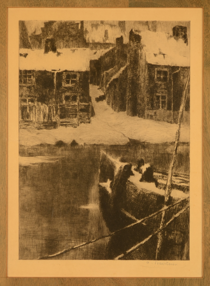 Albert Baertsoen — Het Luizengevecht in de sneeuw, een orginele ets, gesigneerd