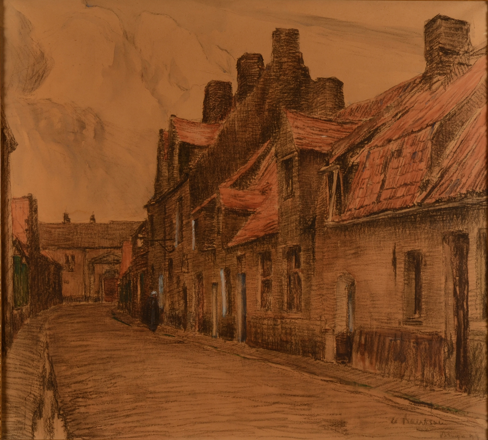Albert Baertsoen Bruges 1897 — Rue à Bruges, dessin important de 1897