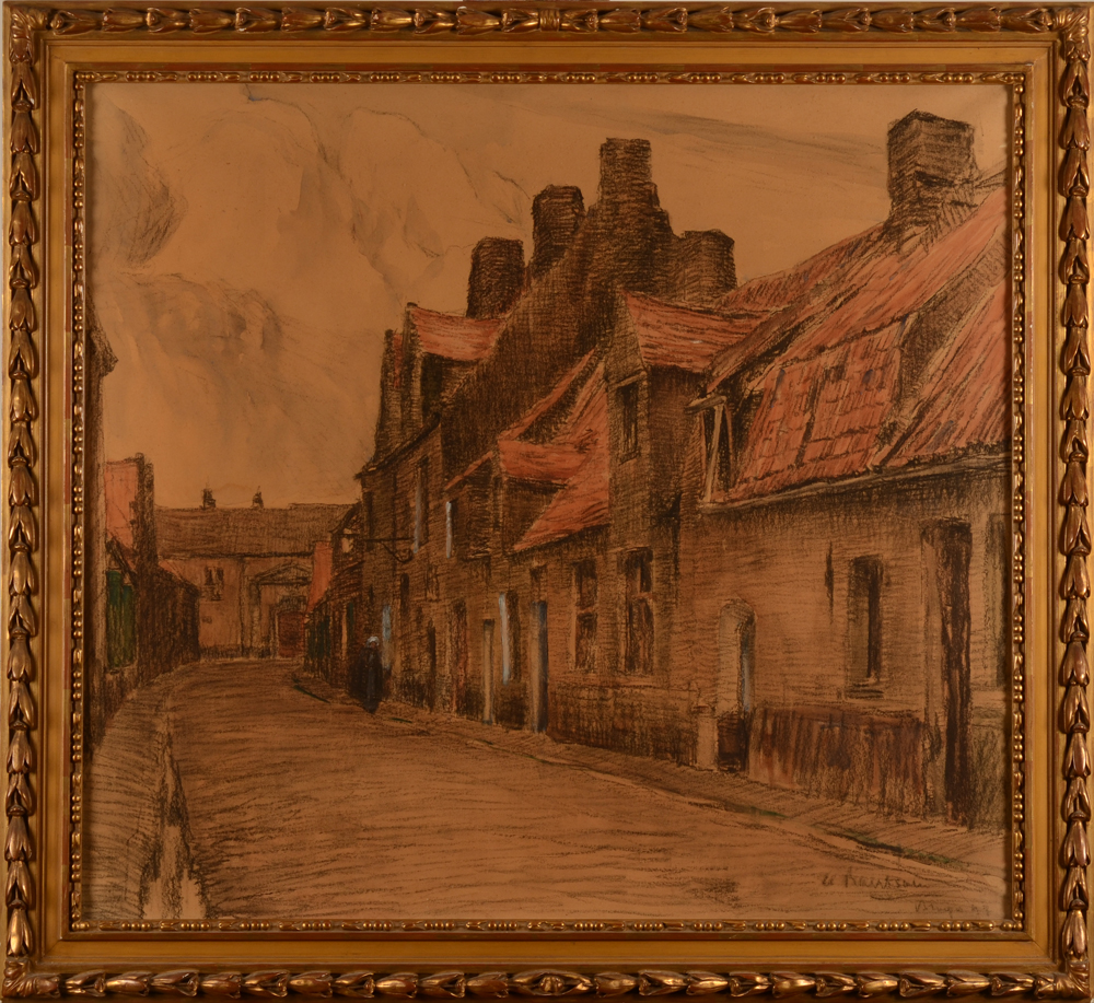 Albert Baertsoen Bruges 1897 — the drawing in its original frame