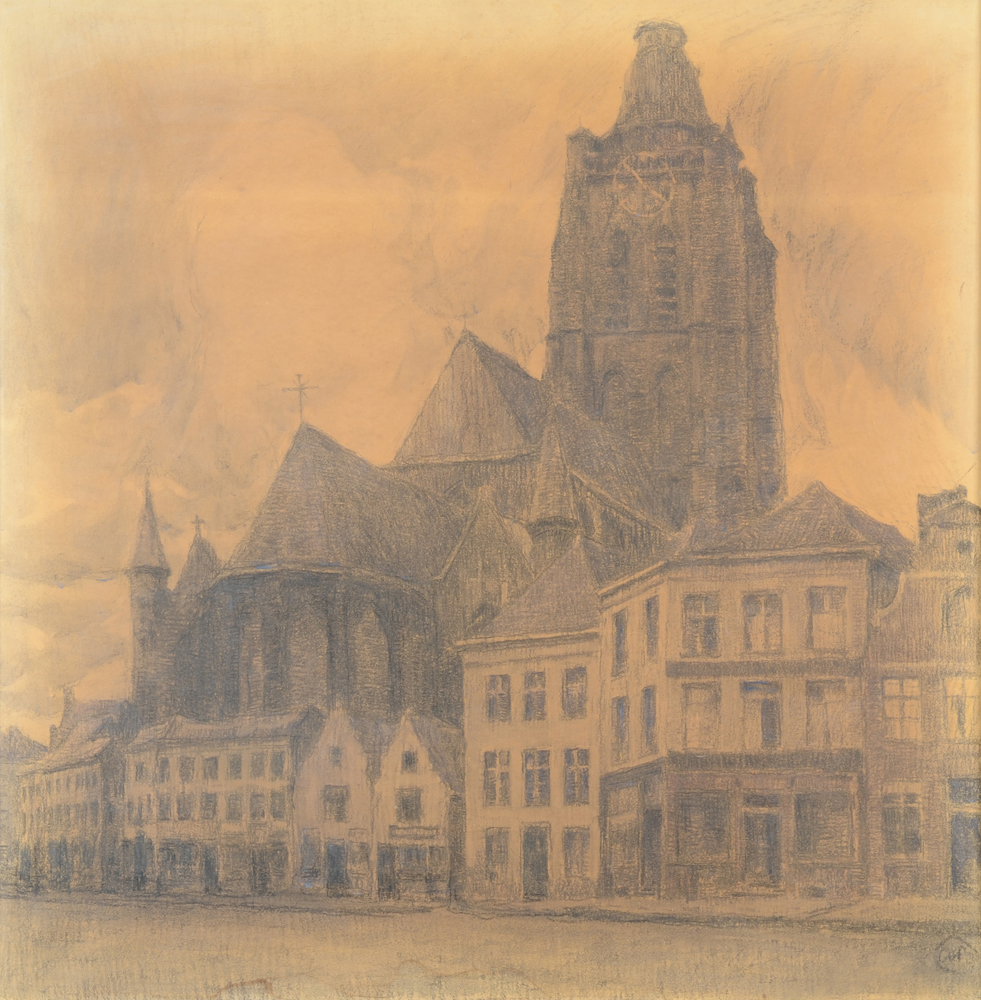 Albert Baertsoen — Oudenaarde, in the evening or the old church, an important charcoal drawing