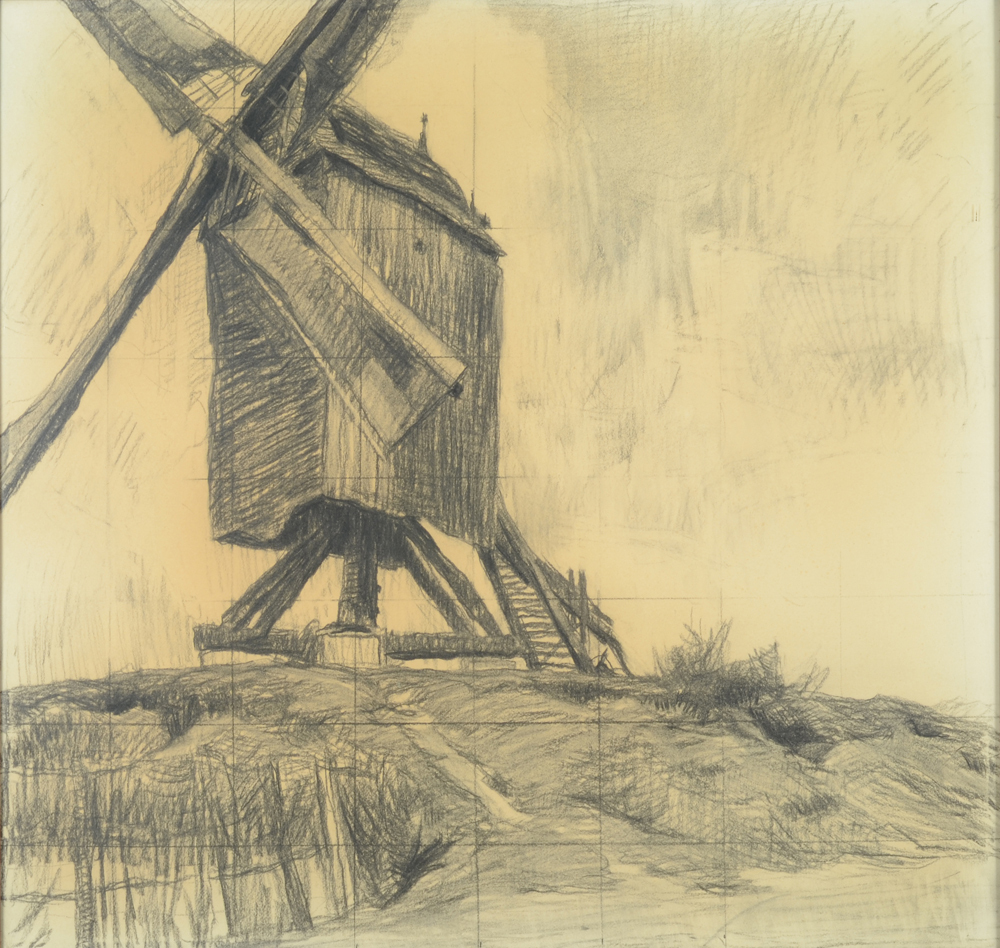 Albert Baertsoen — Le Moulin à vent en Flandres, dessin important