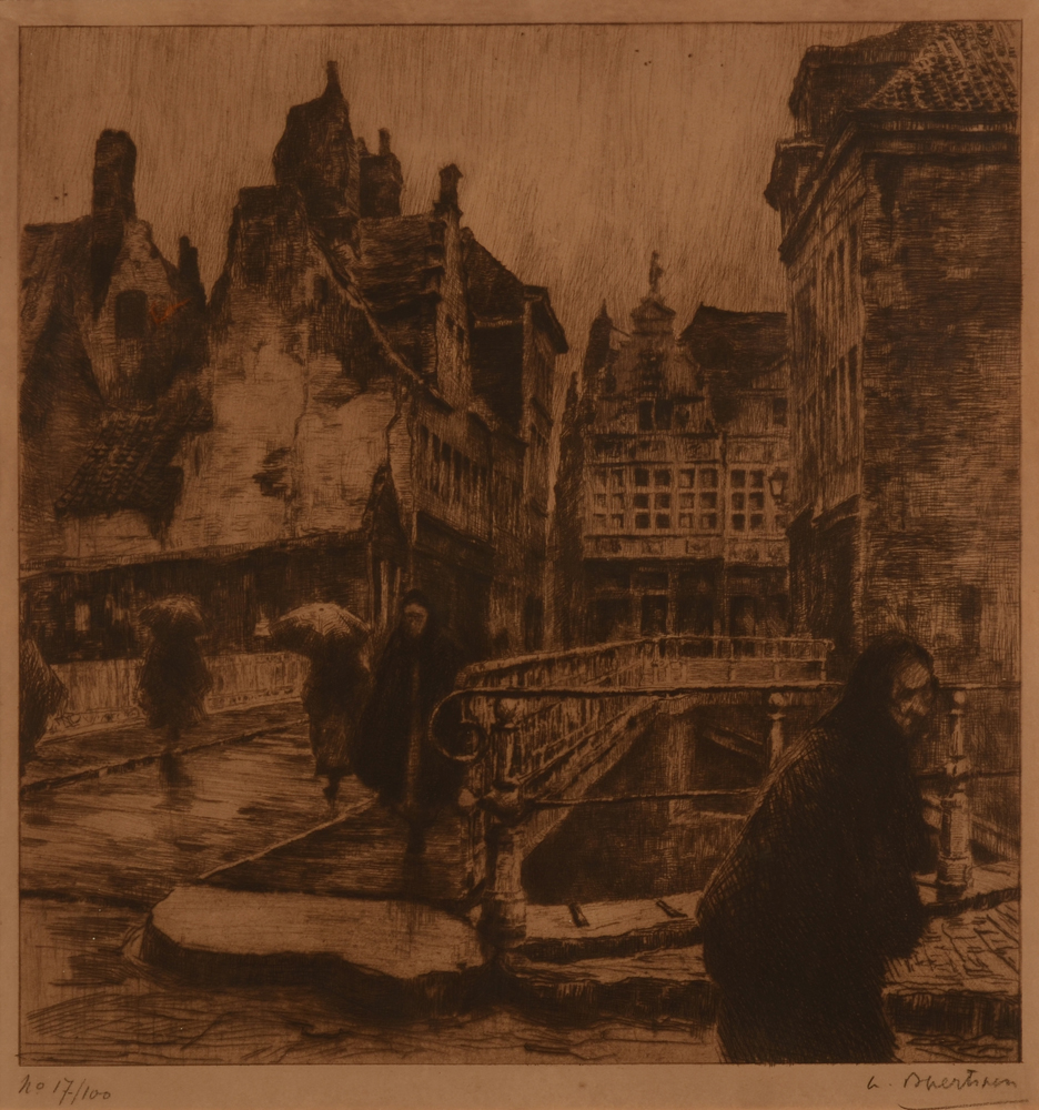 Albert Baertsoen Rain in Ghent — Temps de Pluie à Gand, etching, 1913<br>