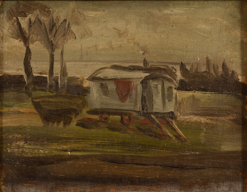 Gustave Balenghien — Paysage avec une roulotte , huile sur panneau