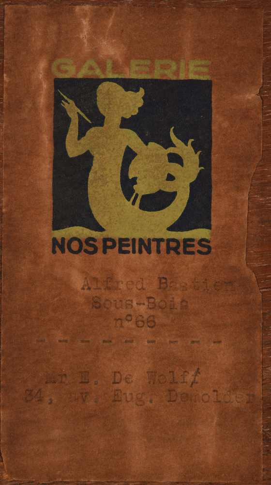Alfred Bastien — The original exhibition label of the Nos Peintres gallery in Brussels, stating the exact title of the work as Sous-Bois and naming the original lender tot the exhibition. This work had catalogue number 66.