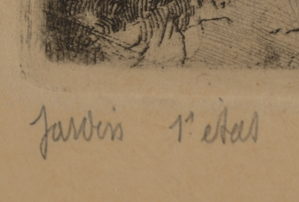 Jules De Bruycker, Jardin (urban landscape), a rare etching, 1928 — title and justification in pencil, bottom left