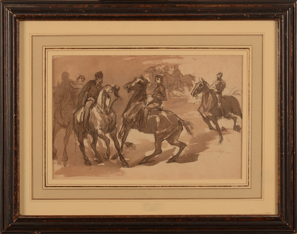 Wilfrid Beauquesne — Lavis sur papier d'un rassemblement de cavaliers, non signé