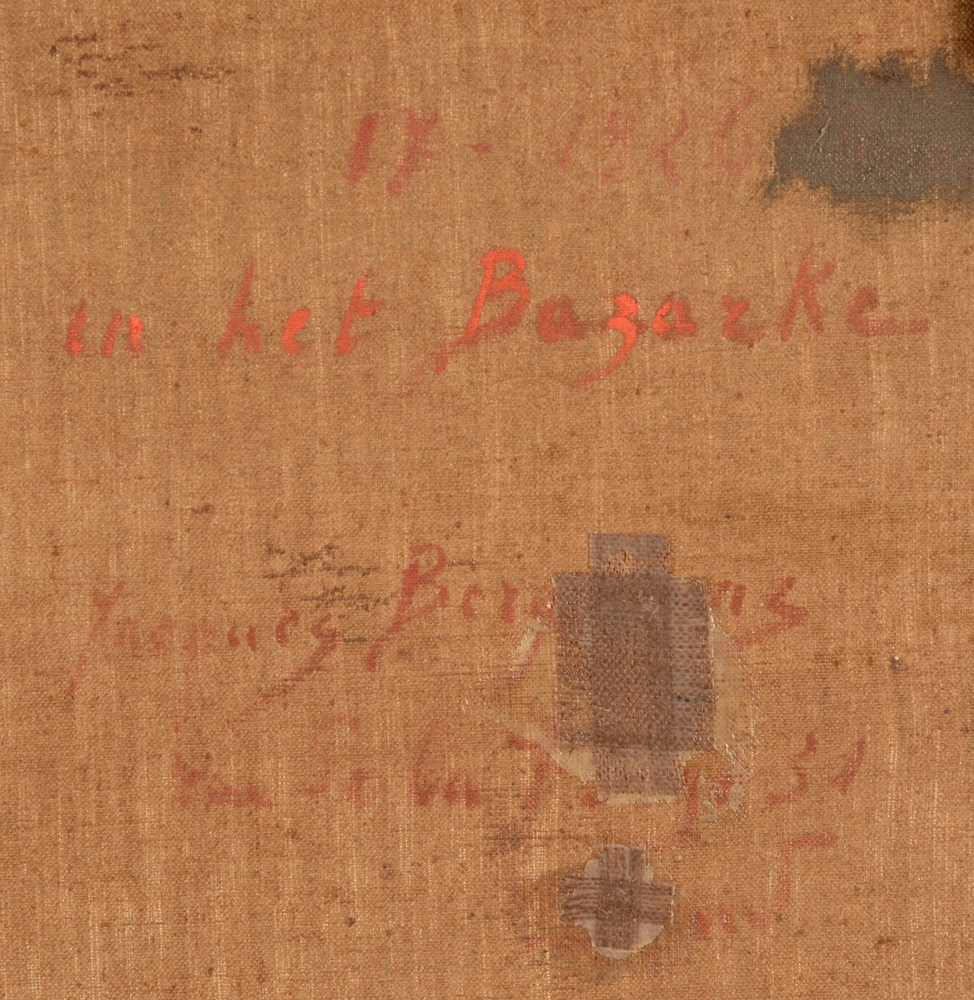 Jacques Bergmans — Detail of the artist signature, title of the work and some restaurations