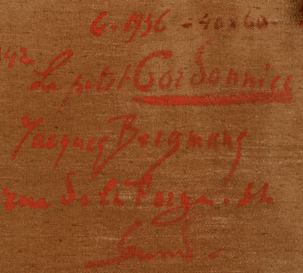 Jacques Bergmans  — Back of the painting with title, signature, date and adress of the painter