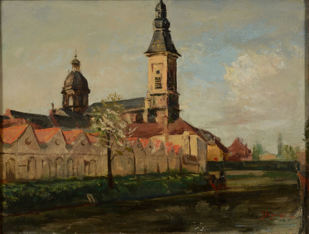 Jacques Bergmans — Vue de l'église St-Pierre à Gand, huile sur toile signée et datée 1938