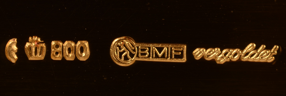 BMF 800 silver gilt canteen — German state mark, alloy mark for 800/1000, makers mark and mention 'vergoldet'= gilt