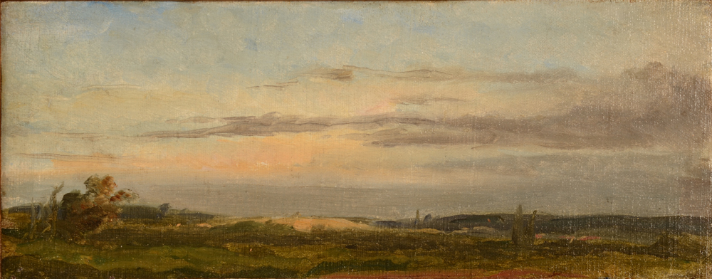 Charles Boom — Paysage à Bruyères au soleil couchant, huile sur toile marouflée sur panneau acajou