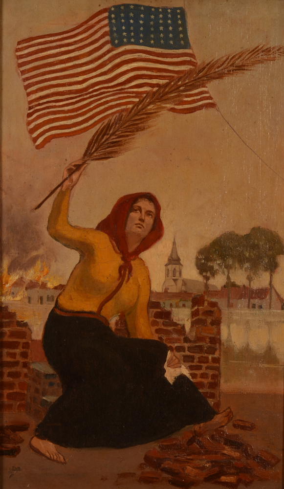 Tony Van Os (attributed to) Infortunate Bornhem thanking the American Flag — peinture sur un sac de farine, de l'effort humanitaire américaine pendant la Première Guerre Mondiale