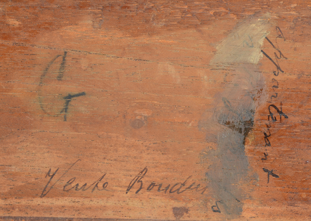 Eugene Boudin — Detail of the back of the panel with contemporary inscriptions.