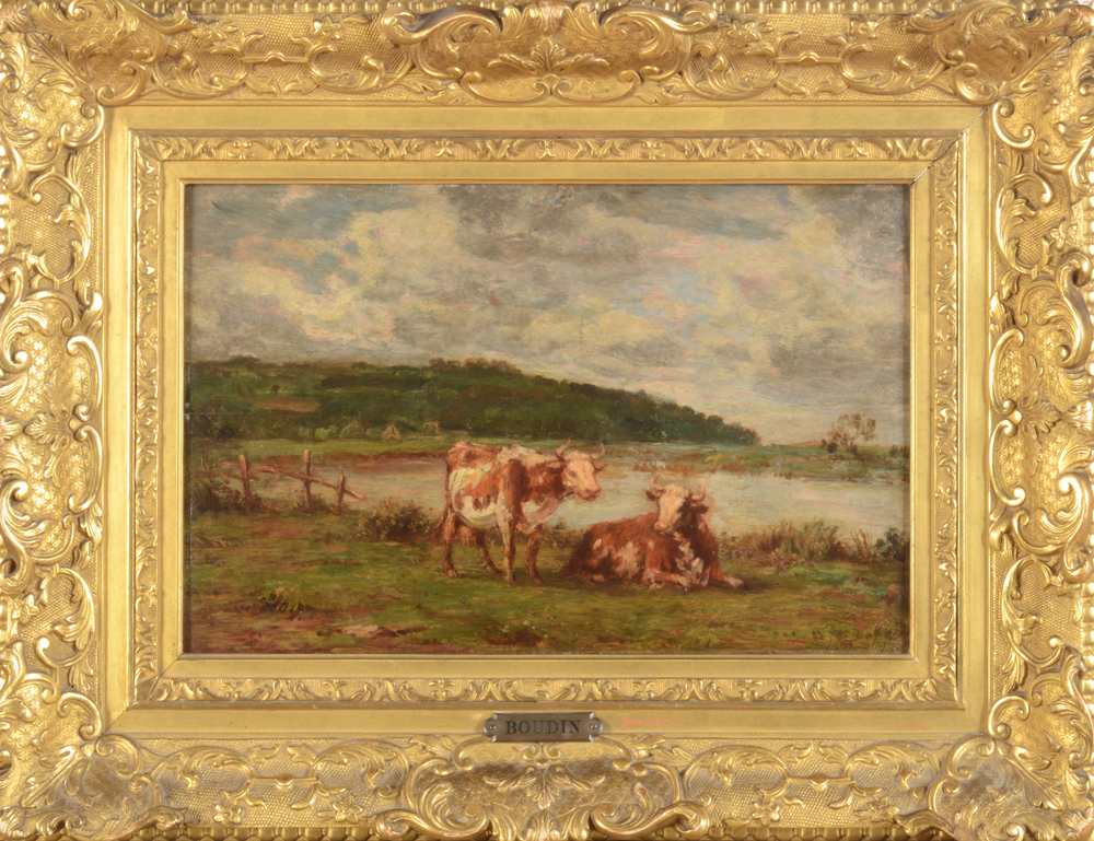 Eugene Boudin — Cows in a meadow near the river La Touques (France)