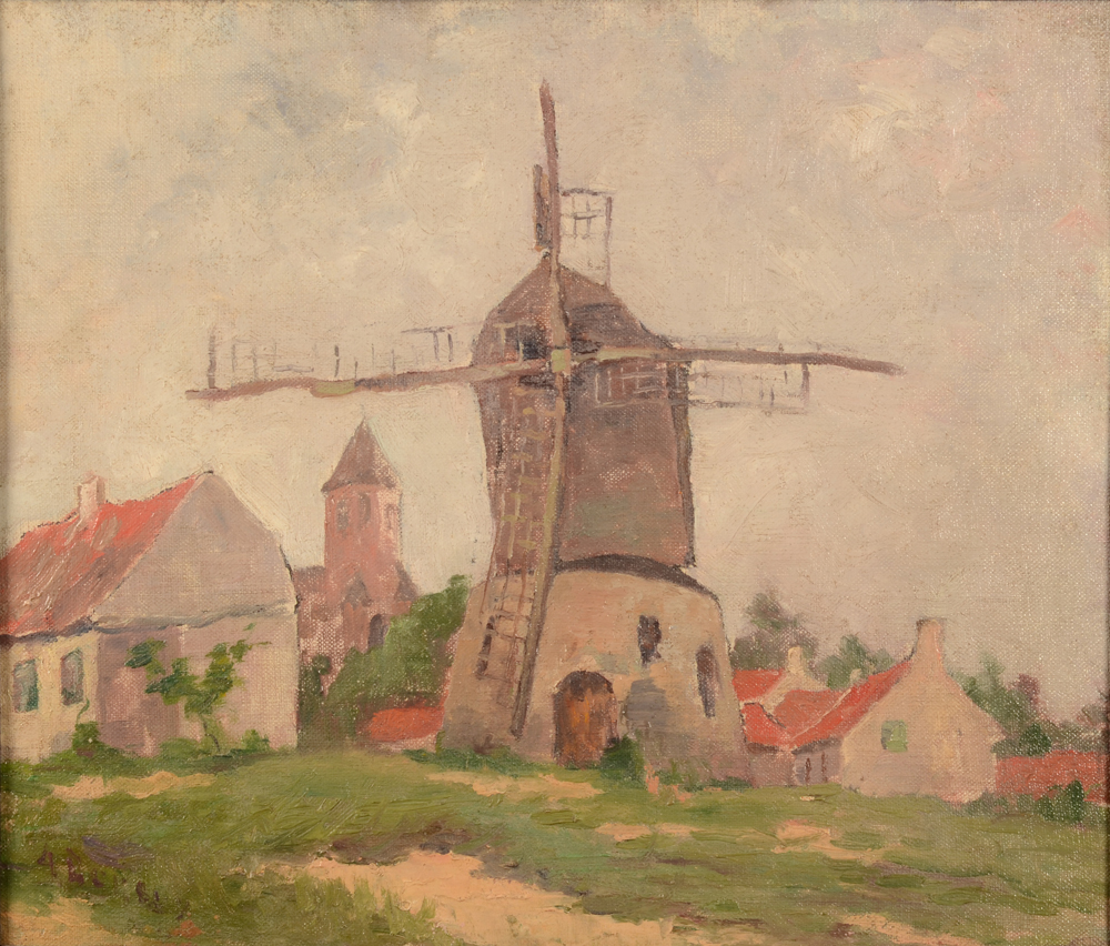 Alois Boudry — Moulin près d'un village en Flandres, huile sur toile signée