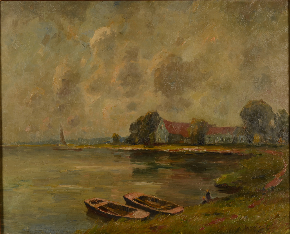 ?Herman Broeckaert — vu de maisons près d'un lac en Flandre, huile sur toile signée