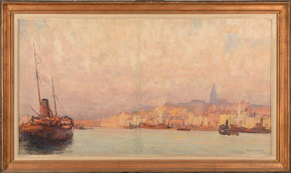 Raoul Léon Brygoo — <p>Vue du port de Boulogne-sur-mer, huile sur toile marouflée, signée et datée 1937.</p>
