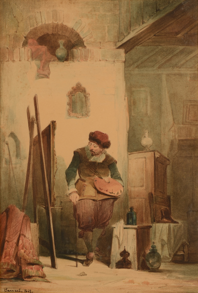 Theodore Canneel — Le peintre dans son atelier, 1942, aquarelle signée