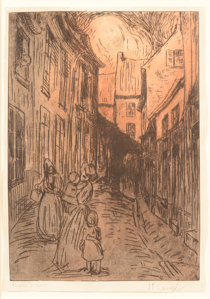 Jan-Frans Cantré etching  — Street in Ghent or Ruelle à Gand