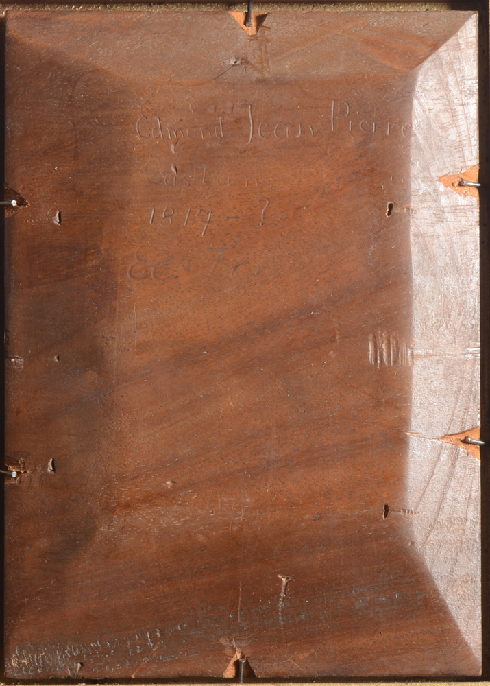 Edmond Castan — Back of the painting, showing the thick mahogany panel.