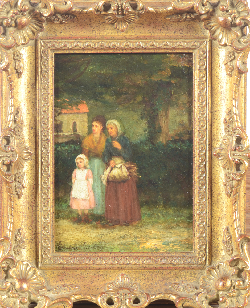 Edmond Castan — The three generations, a small oil on mahogany panel.