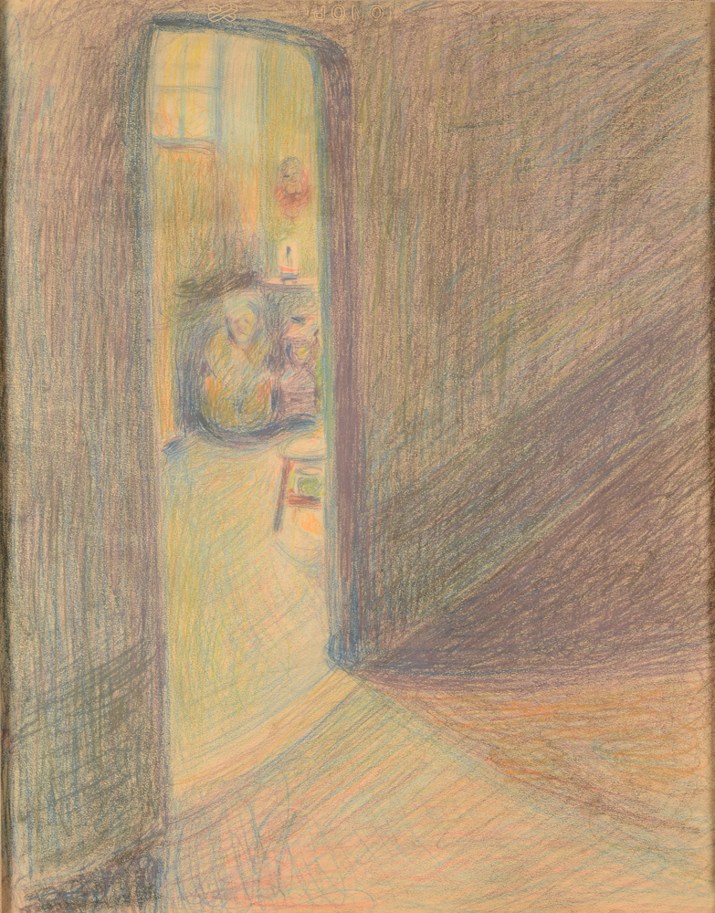 Cecile Cauterman — Le corridor, dessin en couleurs, fait dans le Patershol vers 1909