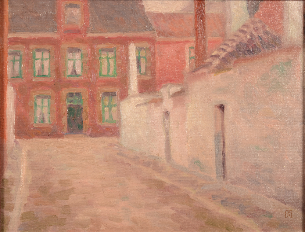 Georges Chabot — Vue d'une rue dans un béguinage de Gand, huile sur toile, signée