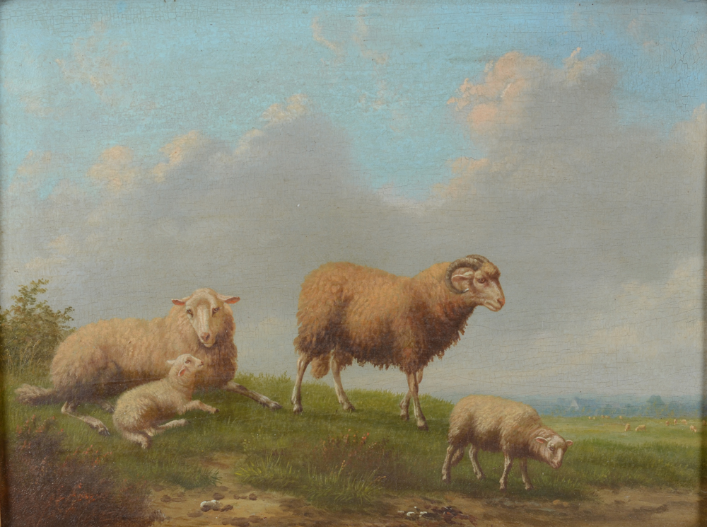 A victorian romantic painting of a family of sheep in a meadow — the painting without its frame