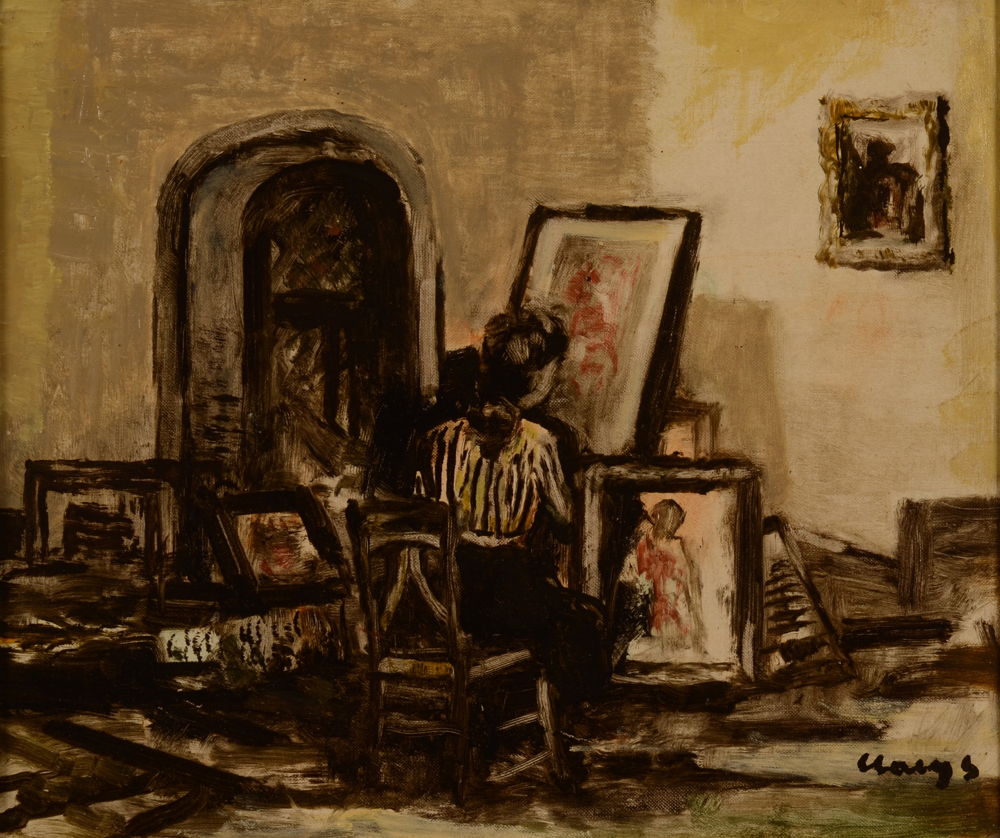 Albert Claeys — Une femme peintre au travail, huile sur toile expressoniste signée